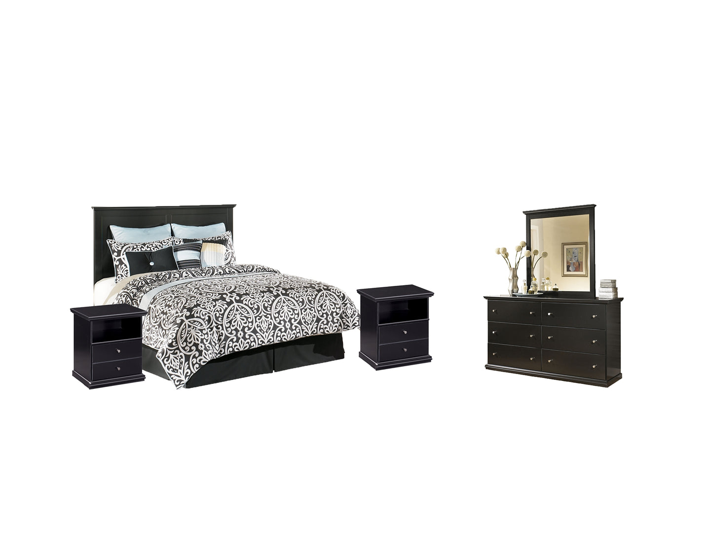 Maribel Queen/Full Panel Headboard with Mirrored Dresser and 2 Nightstands